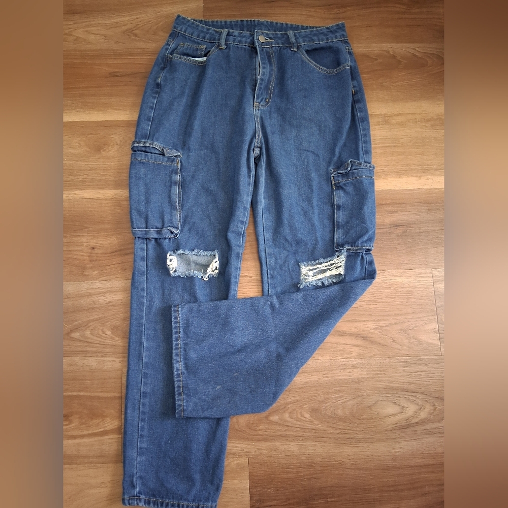 Distressed Blue Cargo Jeans